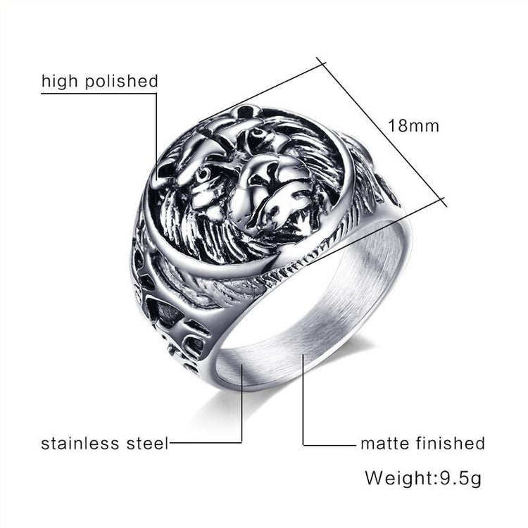 Silver ring with detailed design, measurements, and material information on a white background