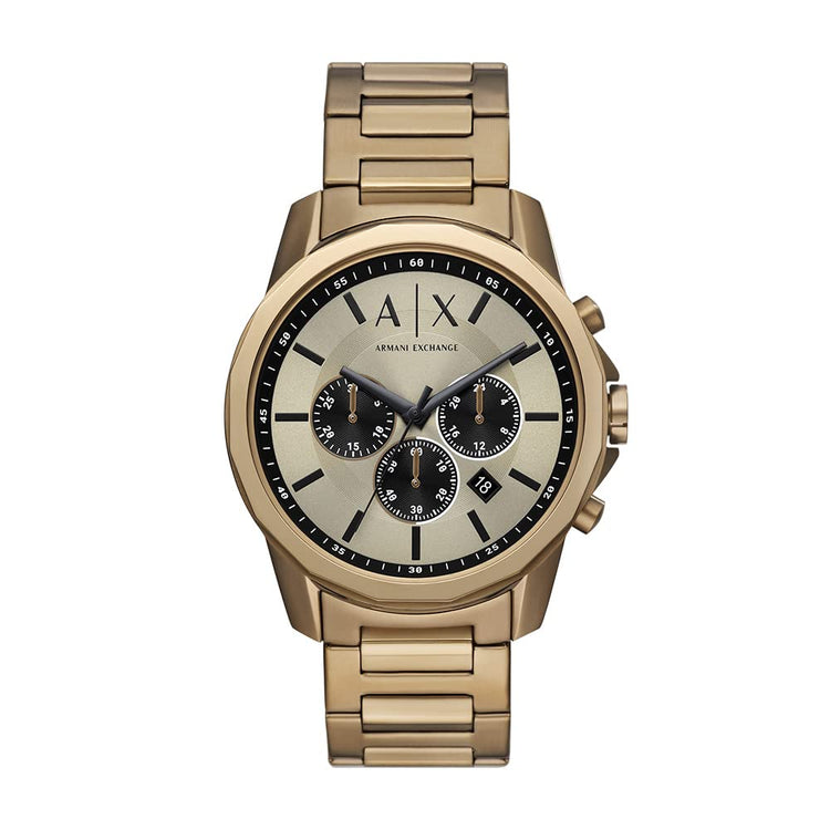 Gold Armani Exchange watch on a white background