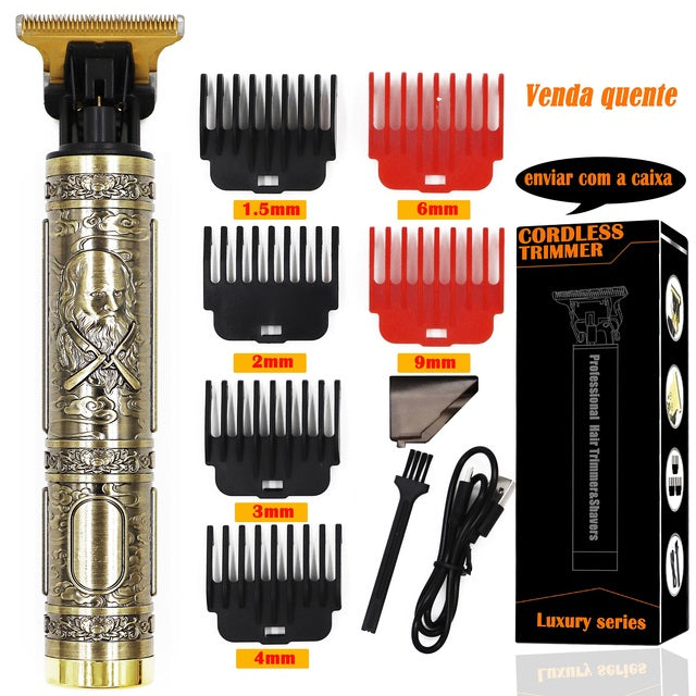 Hair trimmer set with attachments and packaging on a reflective surface