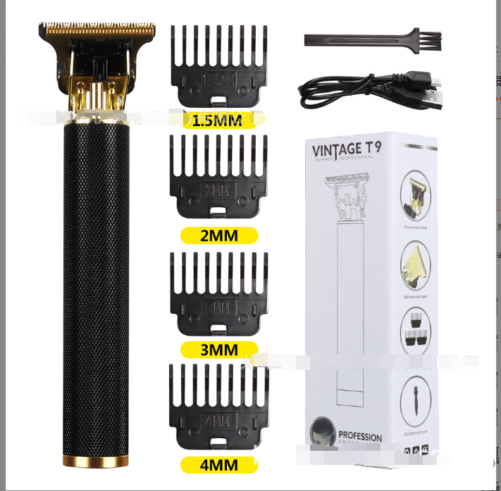 Hair trimmer set with attachments and packaging on a white background