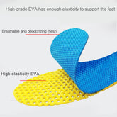 Blue mesh and yellow EVA sole with text on a gray background