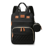 Black backpack with quilted design and brown accents on a white background