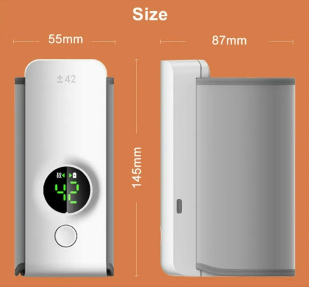 Measurement chart of a device with dimensions labeled on an orange background