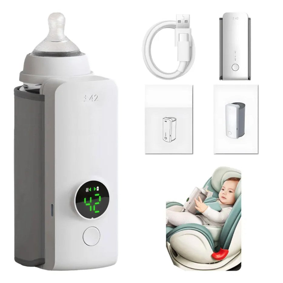 Collection of baby-related products including a bottle warmer, car seat, and digital thermometer on a white background.