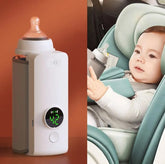Baby bottle warmer on an orange background with a baby in a car seat on a white background