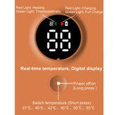 Digital temperature control panel with labels and display on an orange background