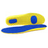 Blue and yellow shoe insoles on a white background