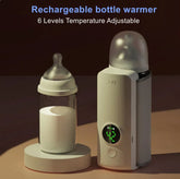 Rechargeable bottle warmer with digital display and adjustable temperature on a dark background