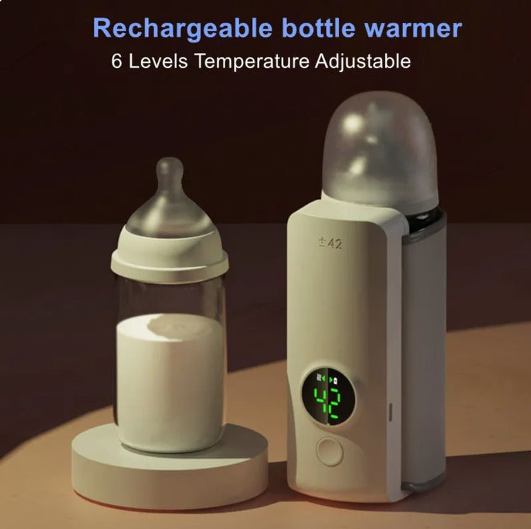 Rechargeable bottle warmer with digital display and adjustable temperature on a dark background