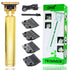 Gold hair trimmer with attachments and packaging on a white background