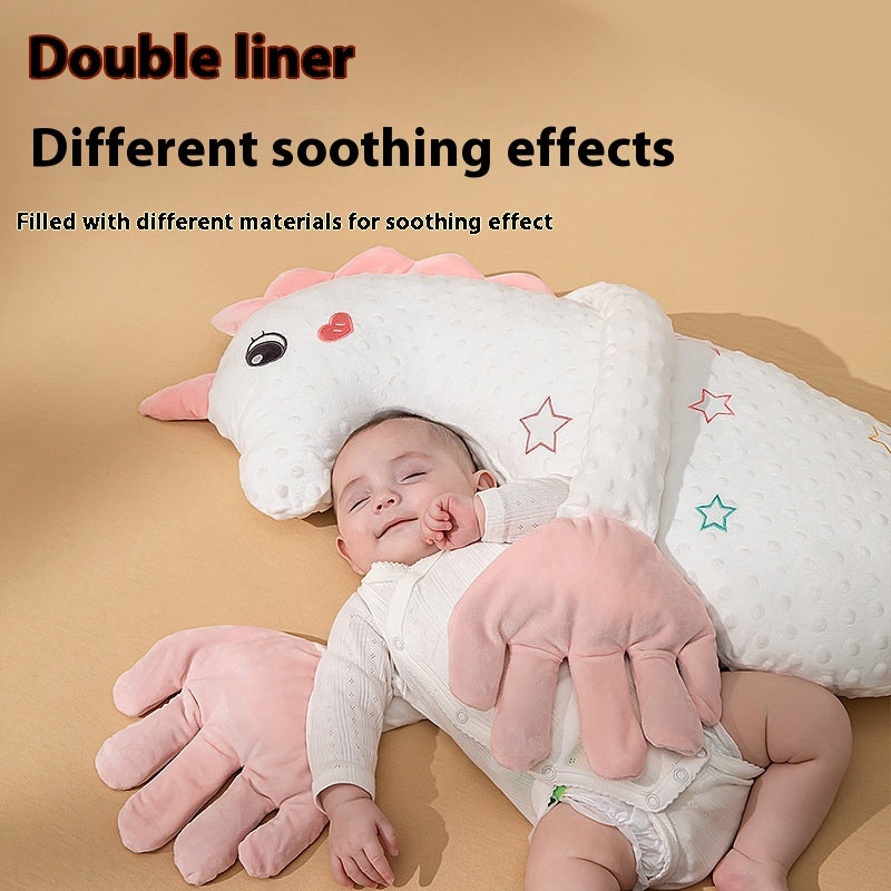 Baby lying on a plush toy with text about double liner and soothing effects.