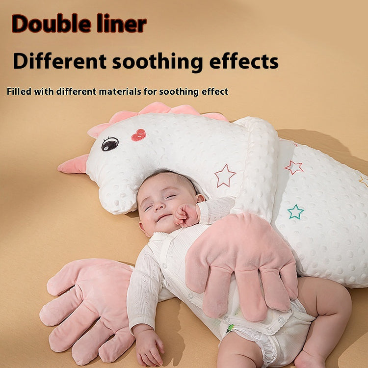 Baby lying on a plush toy with text about double liner and soothing effects.