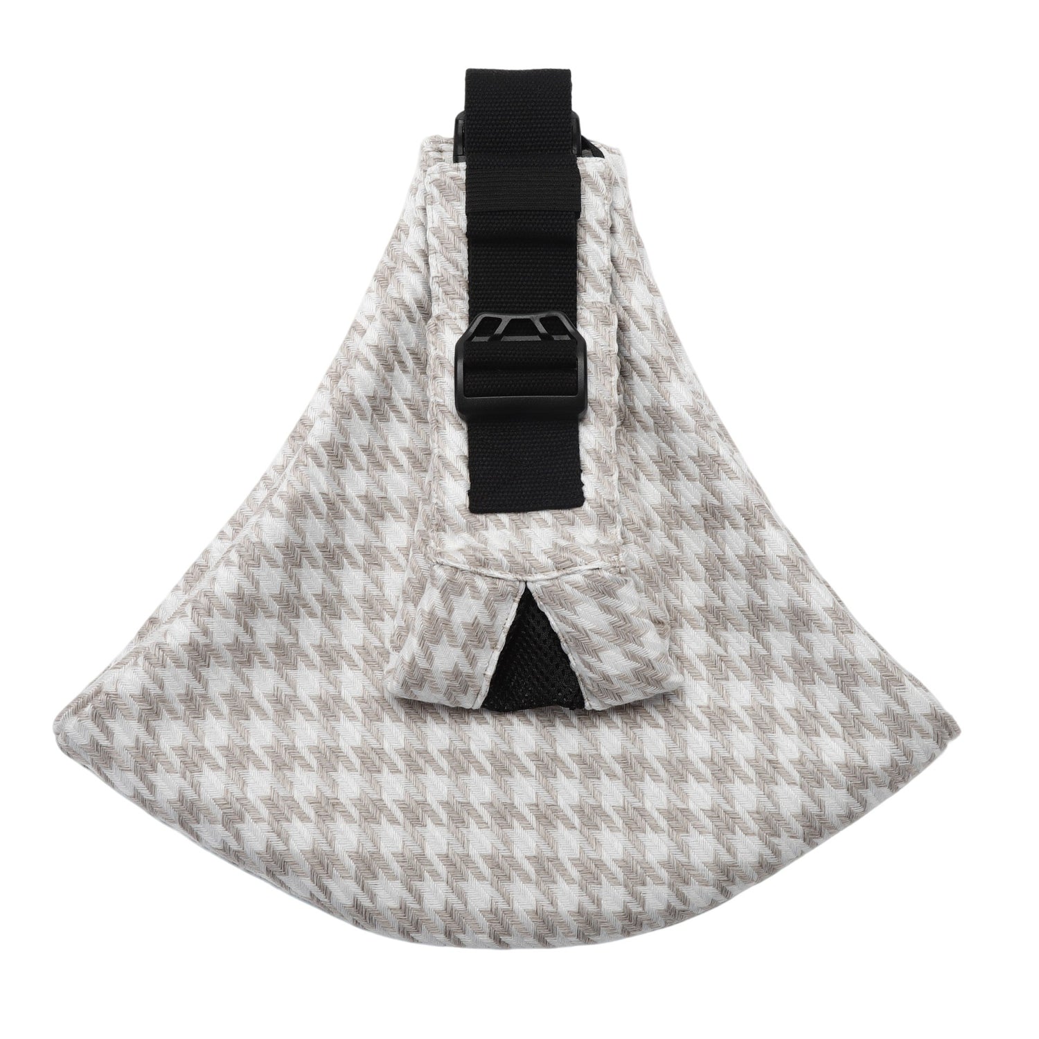 Houndstooth patterned sling bag with a black strap on a white background