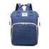 Blue backpack with white text on a white background