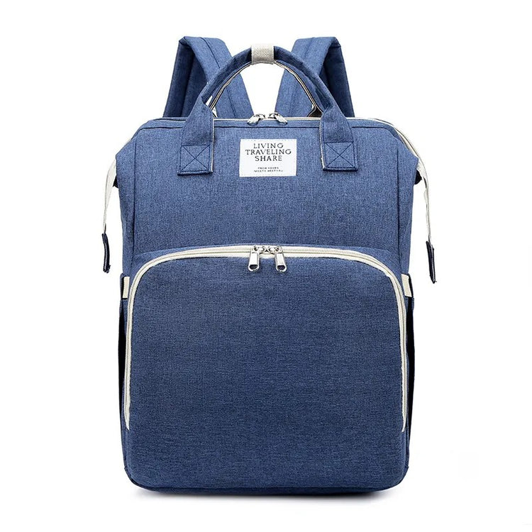 Blue backpack with white text on a white background