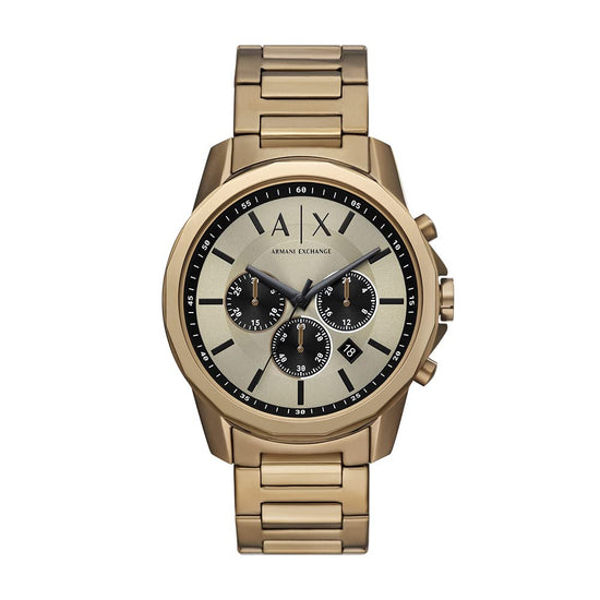 Gold Armani Exchange watch on a white background