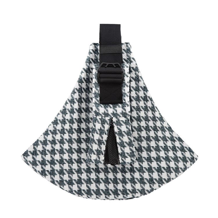 Houndstooth patterned dog harness with a black buckle on a white background