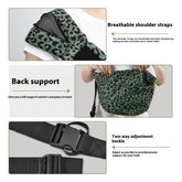 Leopard print baby carrier with breathable shoulder straps and back support features.