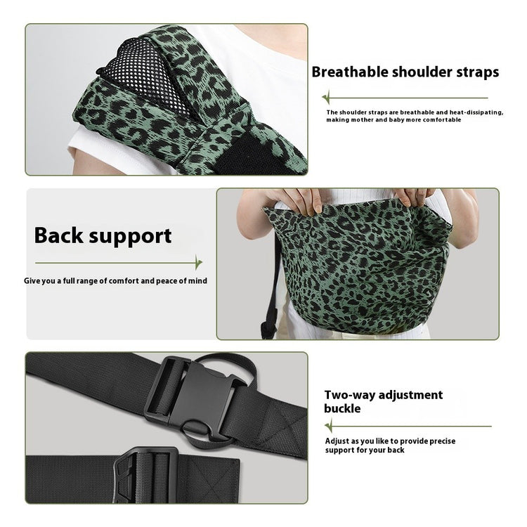 Leopard print baby carrier with breathable shoulder straps and back support features.