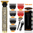 Hair trimmer set with attachments and packaging on a reflective surface