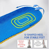 Blue shoe insole with U-shaped heel design on a white background
