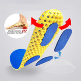 Yellow and blue shock absorber for shoes with a close-up inset showing heel protection.