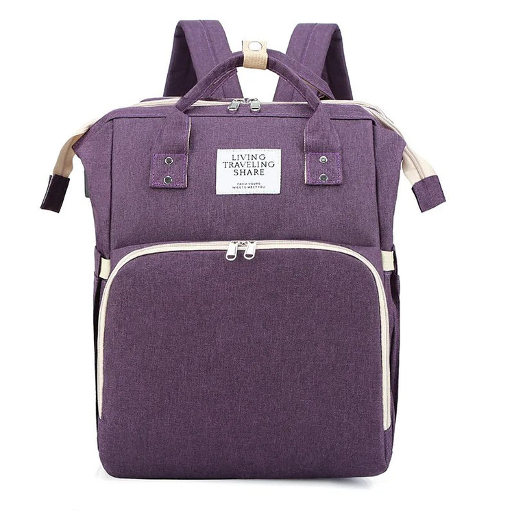 Purple backpack with a visible brand label on a white background