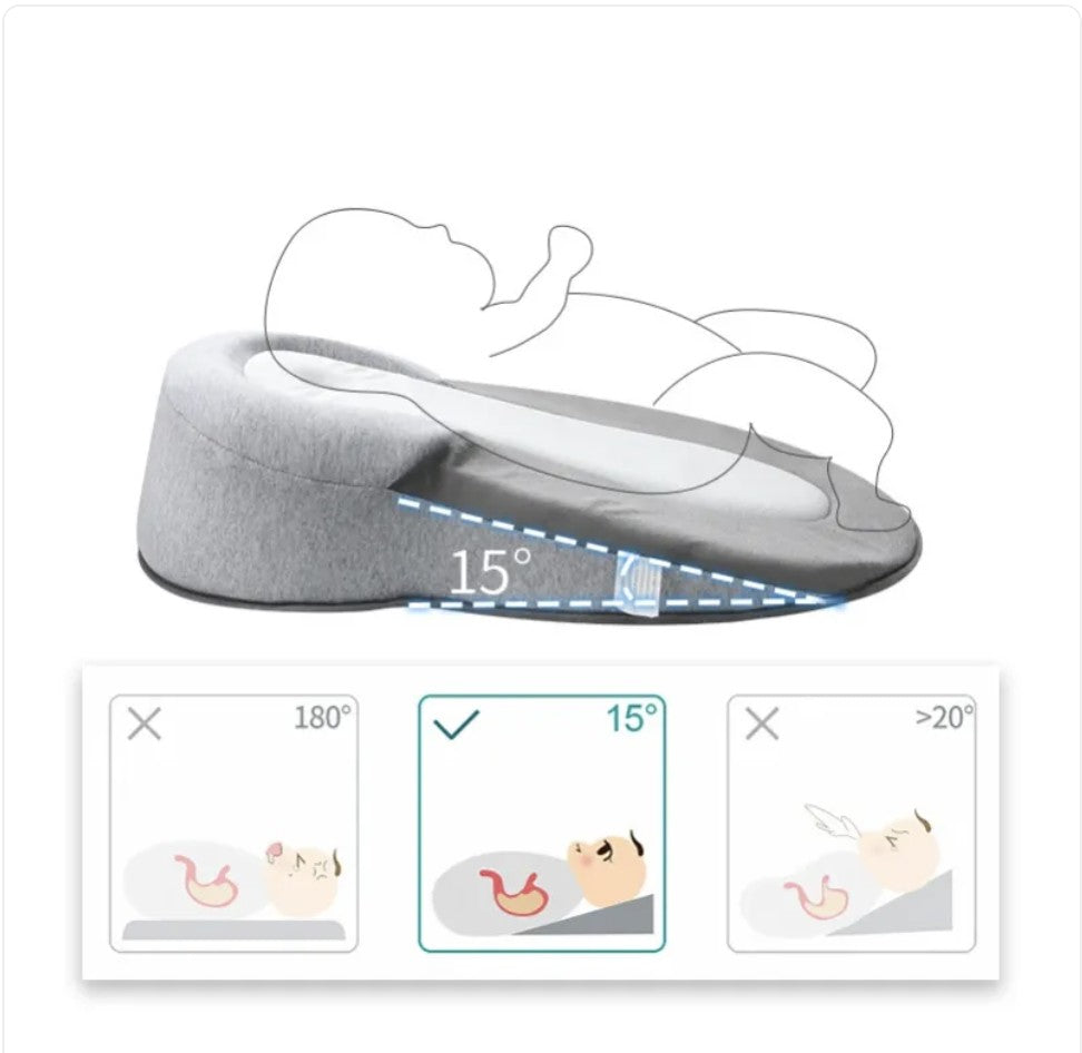 Gray pillow with adjustable headrest angle display on a white background
