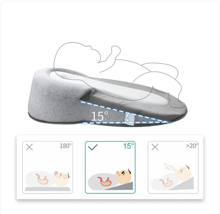 Gray pillow with adjustable headrest angle display on a white background