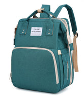 Teal backpack with a label on a white background