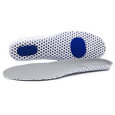 Gray shoe insoles with blue accents on a white background