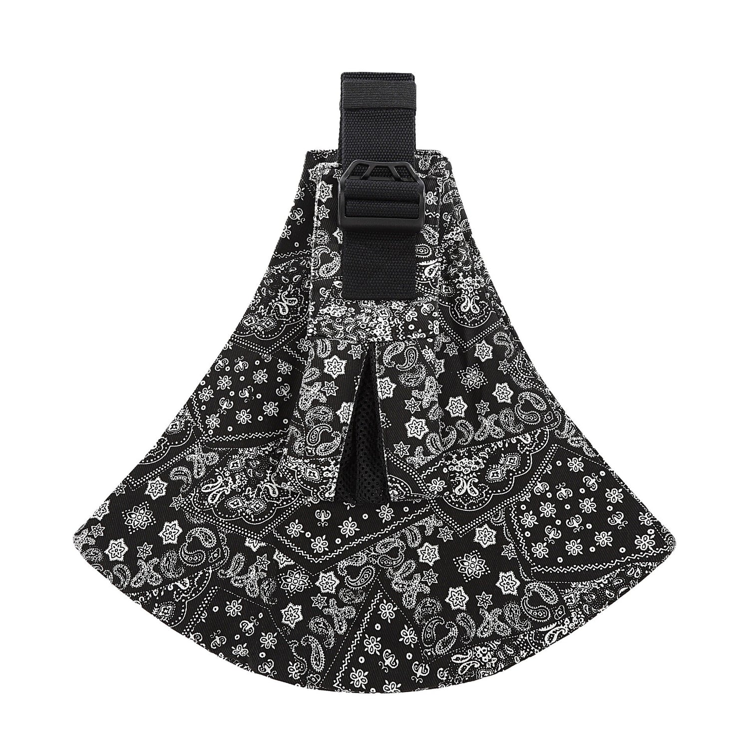 Black bandana with white patterns and a black strap on a white background