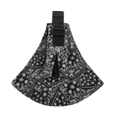Black bandana with white patterns and a black strap on a white background