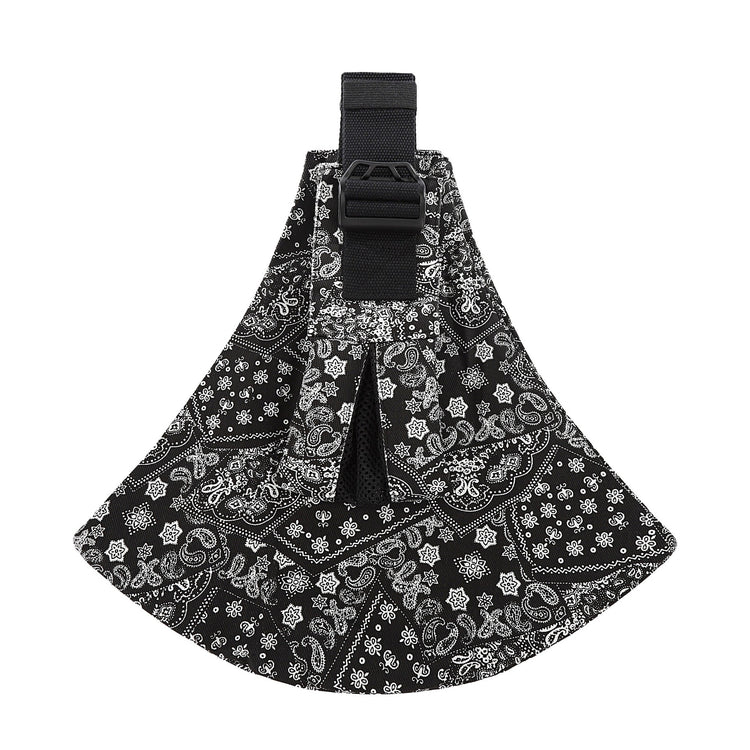Black bandana with white patterns and a black strap on a white background