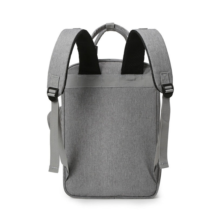Gray backpack with black straps on a white background
