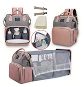 Multifunctional diaper bag with organizer, changing mat, and baby accessories on a white background