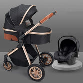 Black and rose gold baby stroller with a car seat on a gray background