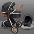Black and rose gold baby stroller with a car seat on a gray background