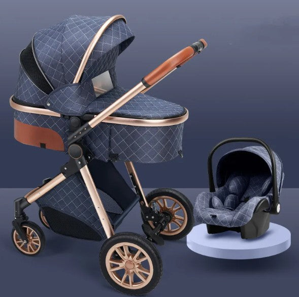 Baby stroller and car seat set with blue pattern on a dark background