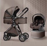 Brown baby stroller and car seat set on a tiled floor with a textured wall background.