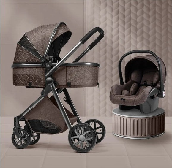 Brown baby stroller and car seat set on a tiled floor with a textured wall background.