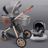 Gray and rose gold stroller with a car seat on a gray background