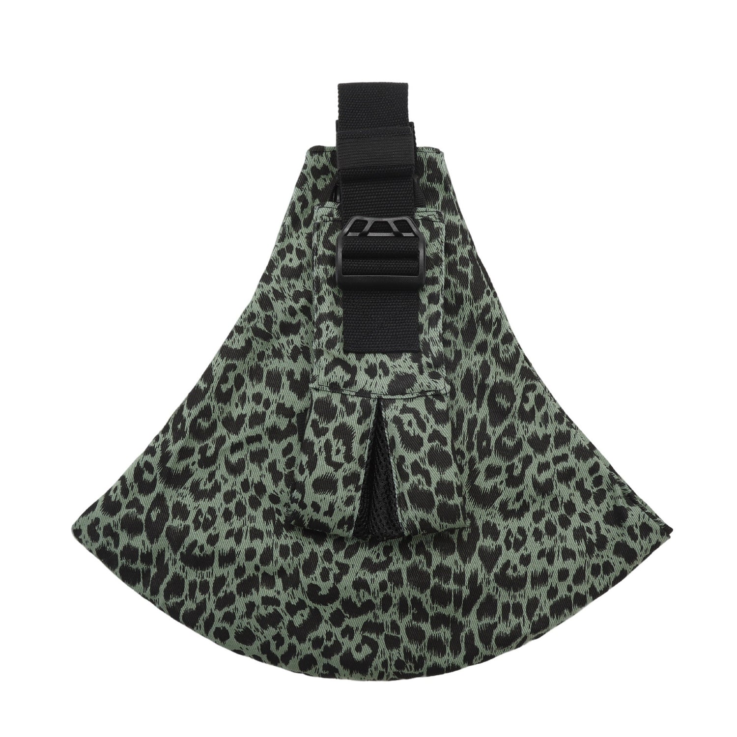 Leopard print dog muzzle with black straps on a green background