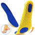 Yellow and blue shoe insoles with a close-up of foot anatomy and arrows indicating movement.