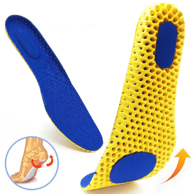 Yellow and blue shoe insoles with a close-up of foot anatomy and arrows indicating movement.