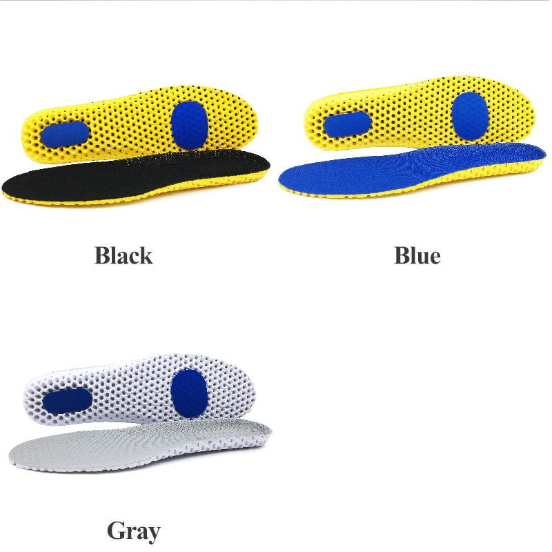Three pairs of shoe insoles in black, blue, and gray on a white background.