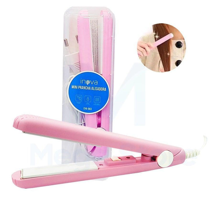 Pink hair straightener with packaging and inset showing hair being styled.
