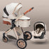 Baby stroller and car seat set on a beige background