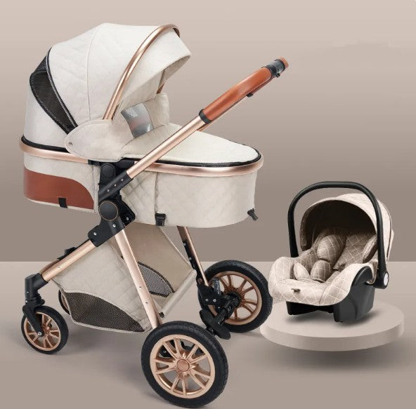 Baby stroller and car seat set on a beige background