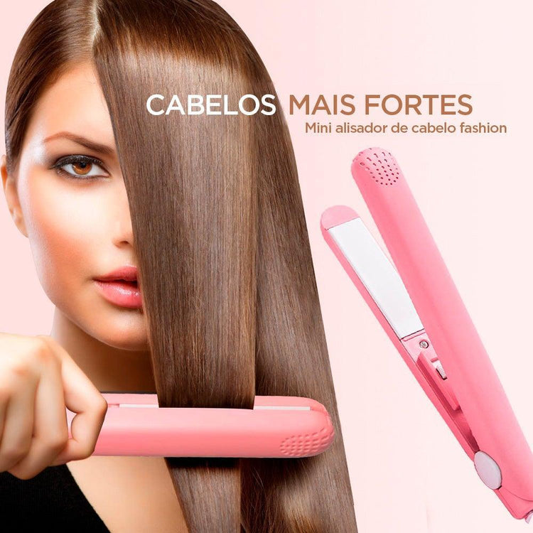 Woman using a pink hair straightener with text about stronger hair on a pink background